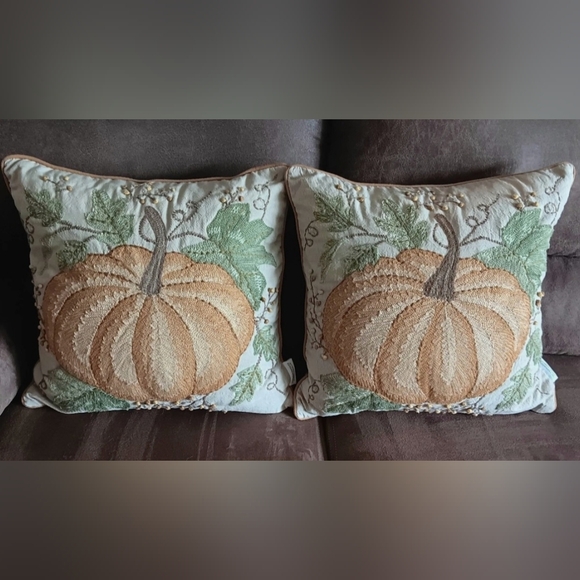 Like New!THE FARMHOUSE Rachel Ashwell Embroidered Pumpkin Pillows(2) - Picture 1 of 5